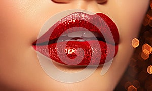 Beautiful closeup with female plump lips with red color makeup. Shine style.