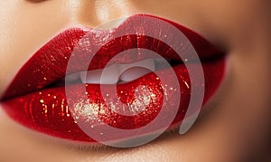 Beautiful closeup with female plump lips with red color makeup. Shine style.