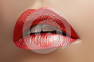 Beautiful Closeup with Female Plump Lips with Shiny Pink Makeup. Fashion Celebrate Make-up, Glitter Cosmetic