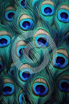 Beautiful closeup peacock green and blue luminous feathers pattern. Macro texture