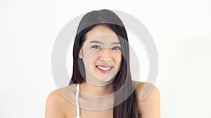 Beautiful closeup portrait young asian woman with smiling and laughing on white background