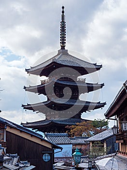 Beautiful closeup view of Yasaka Pagoda. Yasaka Pagoda is the famous landmark and travel attraction of Kyoto, Japan.