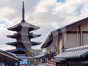 Beautiful closeup view of Yasaka Pagoda. Yasaka Pagoda is the famous landmark and travel attraction of Kyoto, Japan.