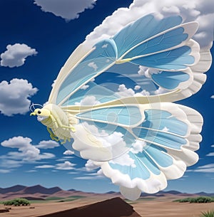 Beautiful cloud butterfly and blue sky with clouds. Cloud shaped butterfly for wallpaper. Butterflies Day March 19