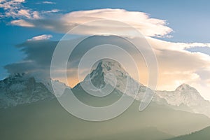 The beautiful clouds over Annapurna mountain range view from Poon Hill, Nepal during the morning sunrise.