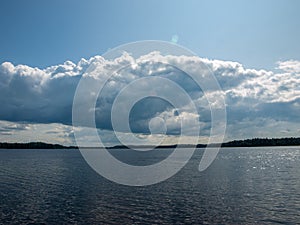 Beautiful clouds over lake in summer sunny day with reflections