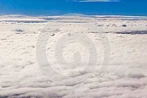 Beautiful cloudscape and blue sky from aerial view, nature view from above the sky and clouds. White clouds and blue sky view like