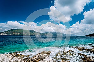 Beautiful cloudscape near Fiskardo, Kefalonia, Ionian islands, Greece. Crystal clear transparent blue turquoise teal