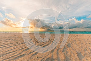 Beautiful cloudscape over the sea, sunrise horizon sand waves. Idyllic inspirational beach landscape