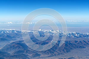 Beautiful cloudscape and snow mountains from plane window