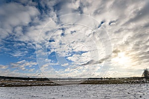 Beautiful cloudy and blue sky panorama over ice lake