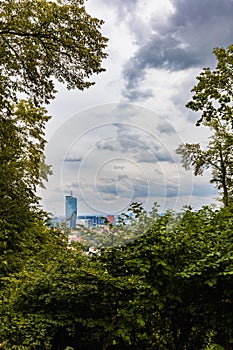Beautiful cloudy panorama of Gdansk city and skyscrapers and corporate buildings at Oliwa district