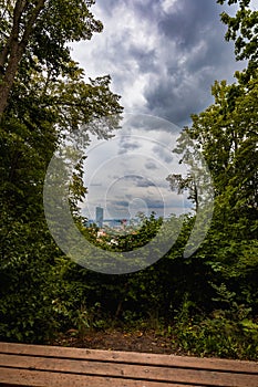 Beautiful cloudy panorama of Gdansk city and skyscrapers and corporate buildings at Oliwa district