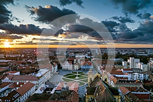 Beautiful cloudy sunset over Union Square - Piata Unirii Timisoara.