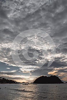 Beautiful cloudy sunset sky over limestone rock tropical islands in El Nido Palawan Island the Philippines