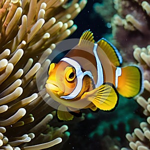 Beautiful clown fish swim under the sea