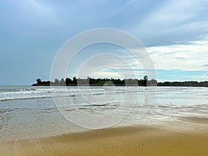 Beautiful coast and blue sky, empty beach daytime. clean sandy surfing. Landscape water pattern sunset. sea water crashing shore