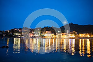 Beautiful coast of Colliure village at night, Roussillon, Oriental Pyrinees