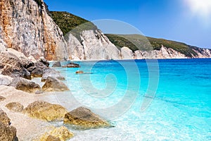 The beautiful coast at Fteri Beach on the island of Kefalonia, Greece photo