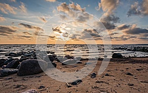 Beautiful coast of the Gulf of Finland at sunset. Leningrad region. Russia.