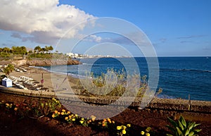 Beautiful coastal view of El Duque beach in Costa Adeje,Tenerife, Canary Islands,Spain.Summer vacation or travel concept.