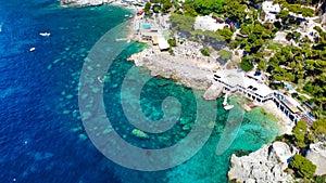 Beautiful coastline in Marina Piccola, Capri. Aerial view from drone