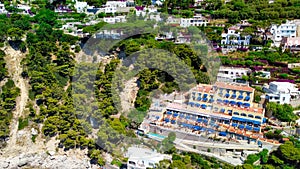 Beautiful coastline in Marina Piccola, Capri. Aerial view from drone