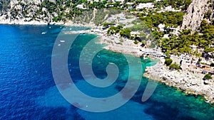 Beautiful coastline in Marina Piccola, Capri. Aerial view from drone