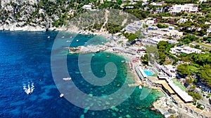 Beautiful coastline in Marina Piccola, Capri. Aerial view from drone