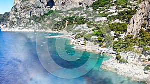 Beautiful coastline in Marina Piccola, Capri. Aerial view from drone