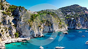 Beautiful coastline in Marina Piccola, Capri. Aerial view from drone