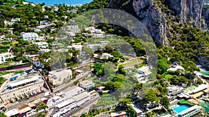 Beautiful coastline in Marina Piccola, Capri. Aerial view from drone