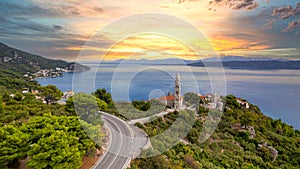 Beautiful coastline on the Riviera Makarska on Adriatic sea in Croatia, tourist resorts and beach, overhead view