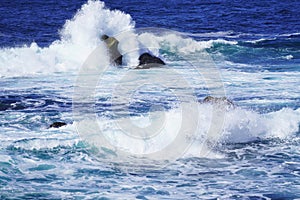 Beautiful coastline scenery with ocean waves and rocks on Pacific Coast