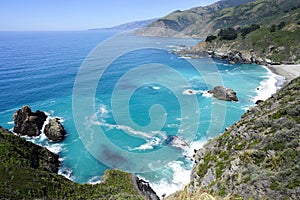 Beautiful coastline scenery with ocean waves and rocks on Pacific Coast