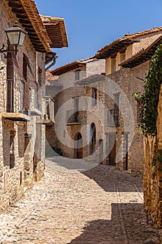 Beautiful Cobbled Street in the Medieval Village of Mirambel, Teruel,  Spain
