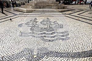 Beautiful Cobblestone pavement of Camoes Square in Lisbon