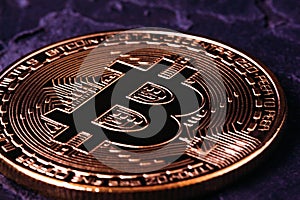 Beautiful coin of crypto currencies bitcoin close-up