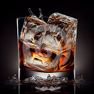 Beautiful cold brown drink of Cola with ice cubes and reflection on a black table. Glass of Cola with ice on a black