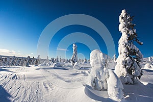 Beautiful cold mountain view of ski resort, sunny winter day wit
