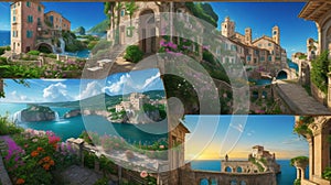 Beautiful collage with access to the sea, the ancient houses of Italy, flowers and waterfalls. Digital collage , mural and fresco.