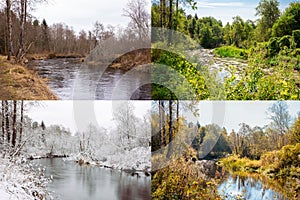 Beautiful collage of 4 seasons, different pictures but same place of an river in wilderness. Spring foliage, green fresh bright su photo