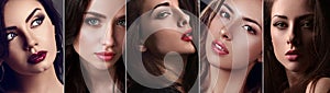 Beautiful collage of sexy bright makeup emotional women with bright lips and effect eyes Closeup