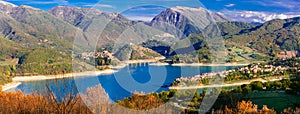Panoramic view of beautiful lake Turano and village Colle di tor photo