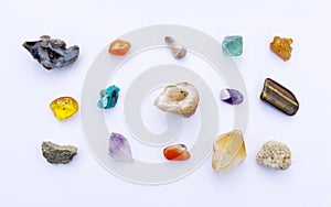 A beautiful collection of mineral stones, gems, crystals, geode on a white background. Stones for stone therapy, lithotherapy,