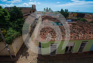 Beautiful Colonial Caribbean town overview with colorful stone street and building, Trinidad, Cuba, America.