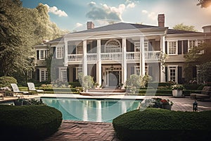 Beautiful Colonial Style Luxury House Home Building with Swimming Pool and Garden Background