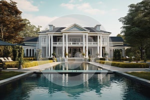 Beautiful Colonial Style Luxury House Home Building with Swimming Pool and Garden on a Sunny Day