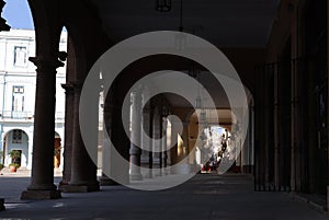 A beautiful colonnade in the Plaza Vieja in Havana, Cuba