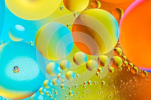 Beautiful color abstract background from mixied water and oil. Pastel colored abstraction. Yellow, orange and blue background from